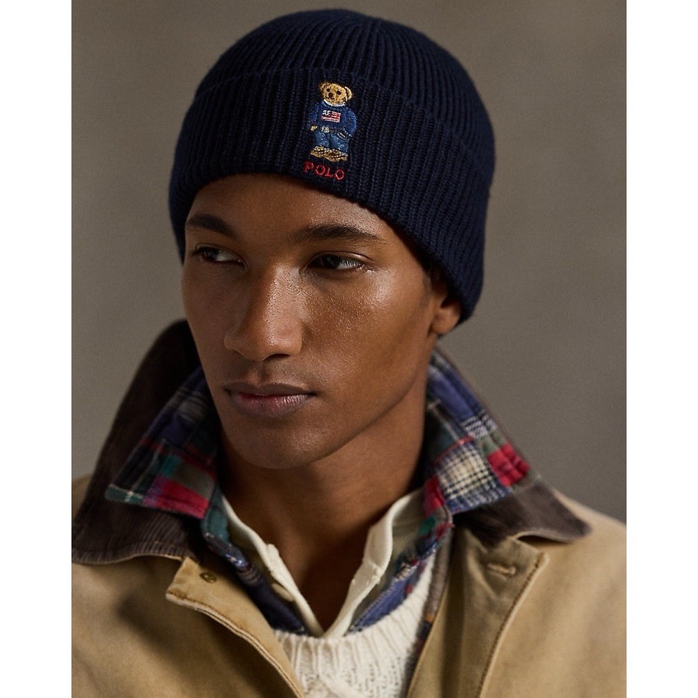 Ralph Lauren Mens Polo Bear Rib Knit Beanie Classic Navy Preppy Fall Blue
